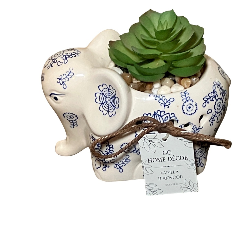 GC Home Decor Elephant Planter Faux Succulent Blue White New Vanilla Teakwood